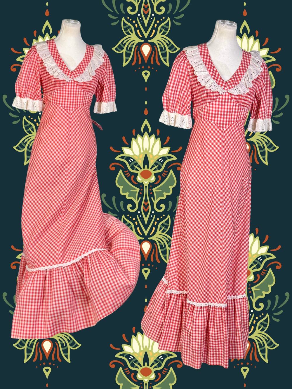 Vintage 70s Jody T of Calif  Prairie Red White Gingham Eyelet Maxi Dress 9